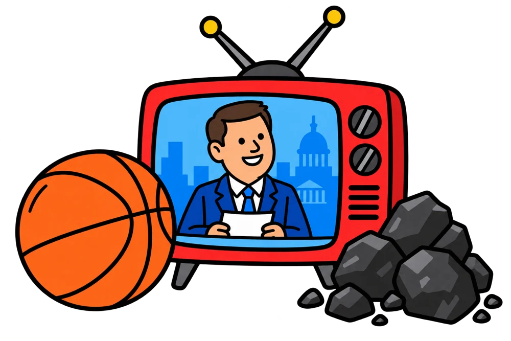 A basketball, coal and a television showing a simple cartoon Tanner Hesterberg.