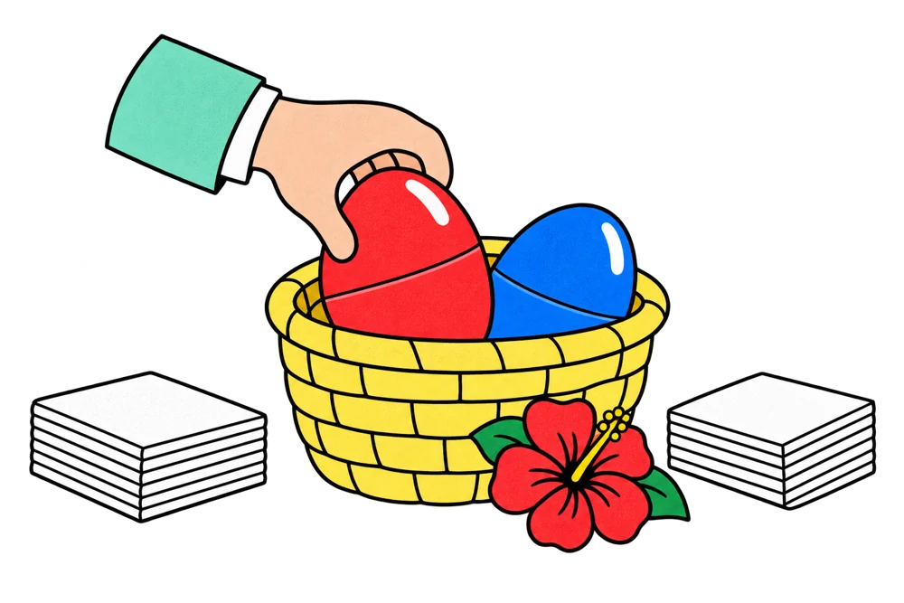 Cartoon hand draws from a basket with two Easter eggs and equal ballot stacks.