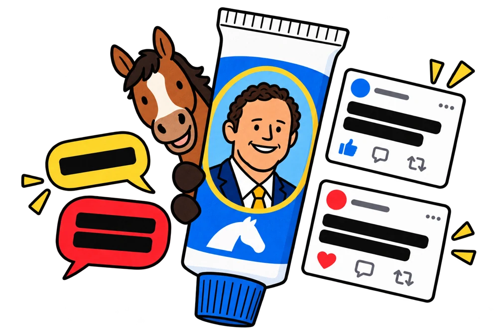 A cartoon horse and veterinary tube with Jeff Shipley’s portrait, surrounded by censored messages.