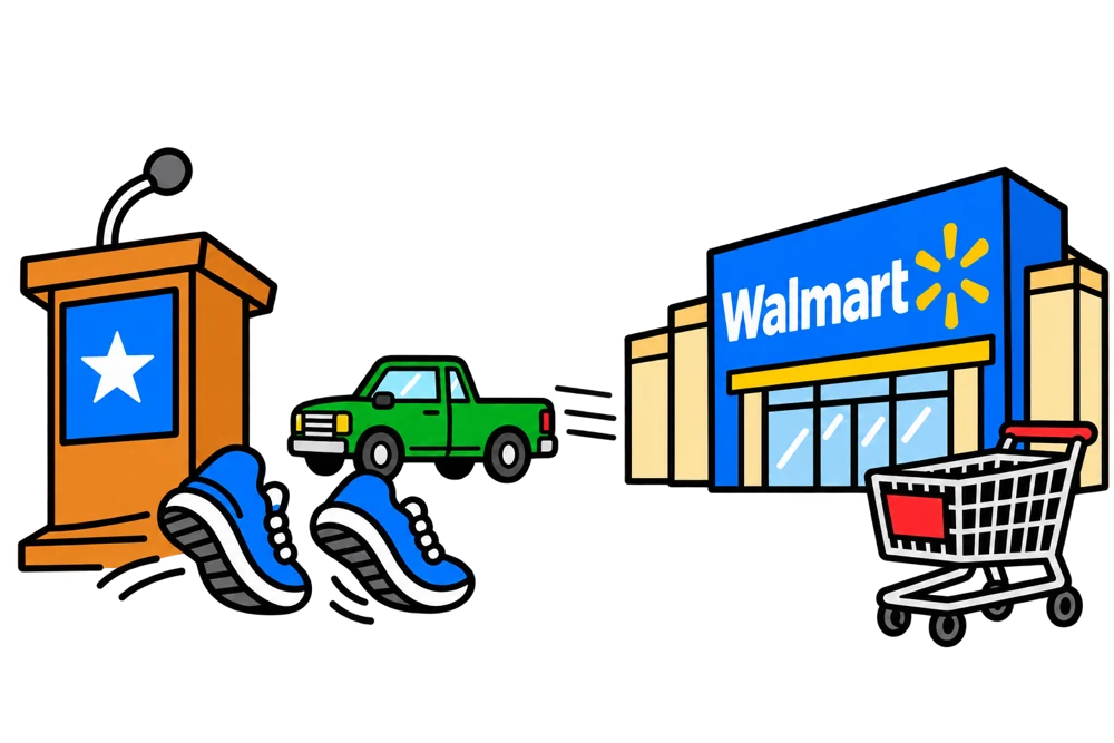 Simple cartoon Walmart storefront, an unattended podium, walking shoes and a green pickup truck speeding away.
