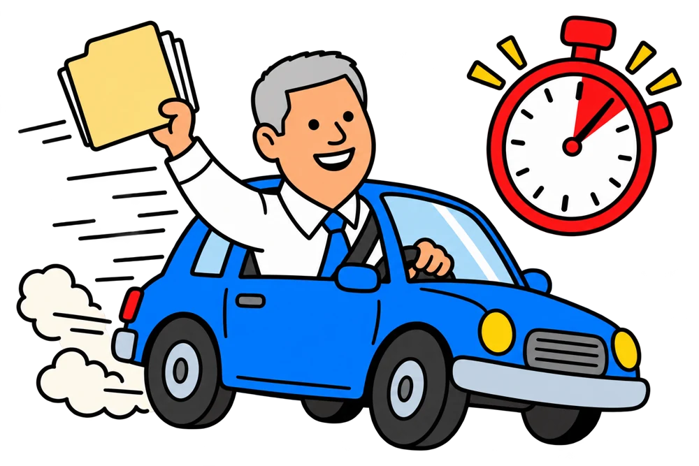 Cartoon Chuck Smith driving with a filing folder beside a stopwatch.