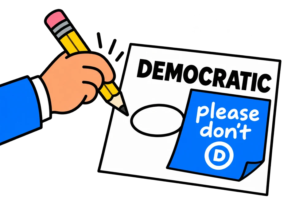 A Democratic ballot oval partly covered by a blue sticky note reading please don’t, with a voter’s pencil hovering.