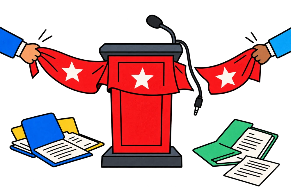 An abandoned campaign lectern and court records as hands withdraw an endorsement banner.