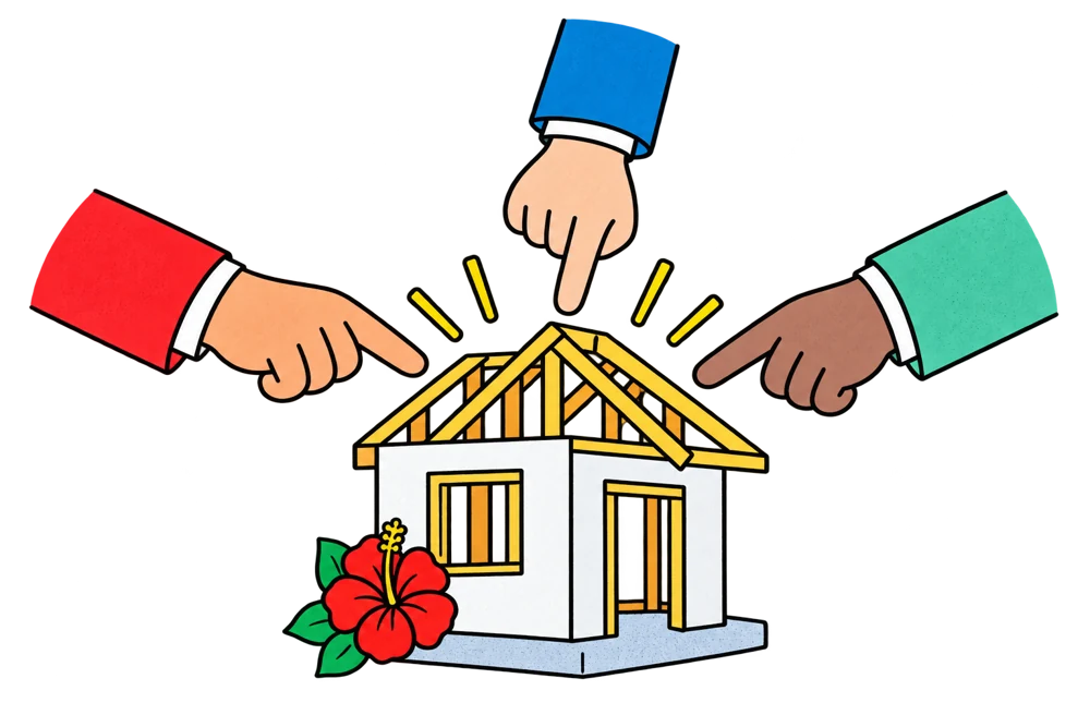 Three cartoon hands point toward a house being rebuilt beside a hibiscus flower.