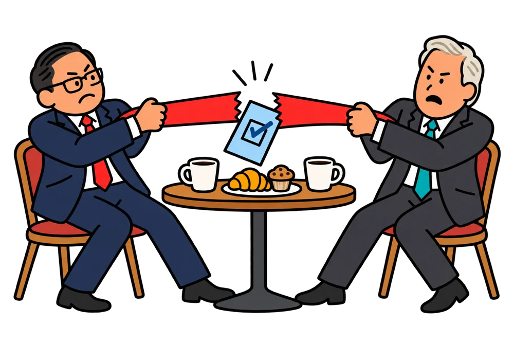 Simple cartoon Allan Fung and Ken Hopkins pull apart a red ribbon over a breakfast table while a blue ballot falls between them.