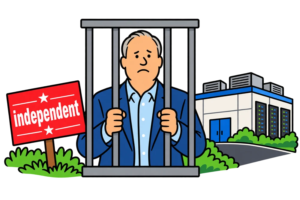 Editorial cartoon of a red independent campaign sign, a data center and Brett Easterbrook behind symbolic bars.