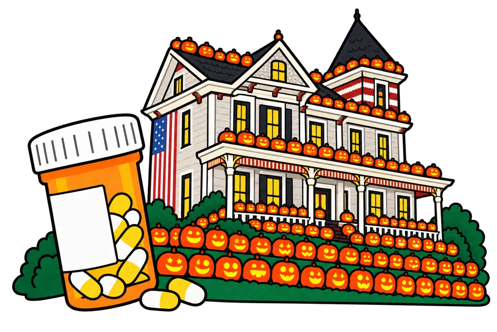Cartoon Kenova Pumpkin House lined with jack-o’-lanterns beside a pharmacy bottle.