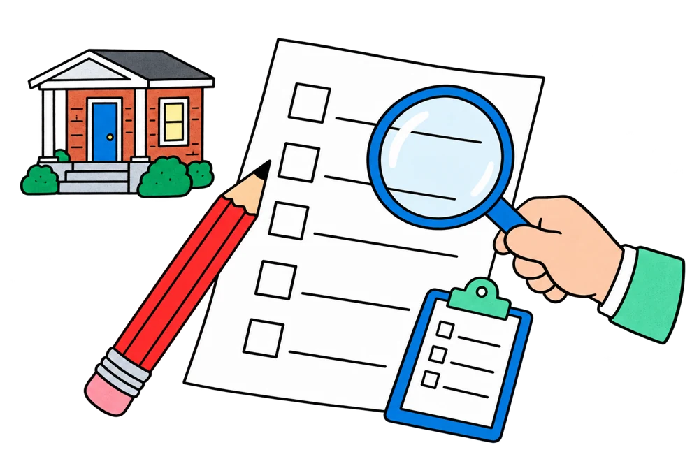 Cartoon hand examines a blank ballot beside a pencil and petition.