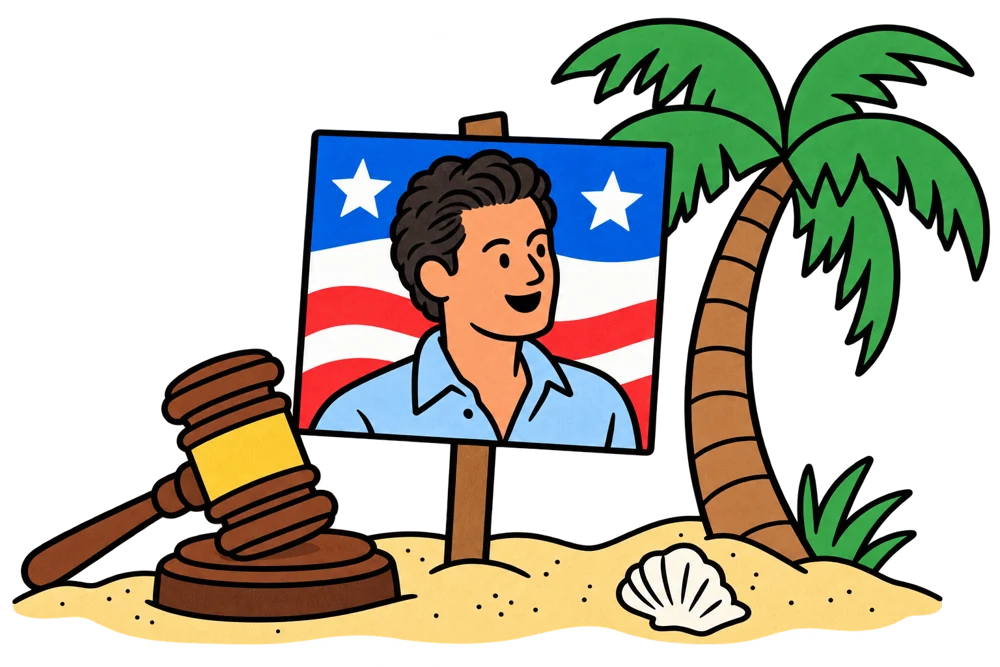 Cartoon Fabian Basabe on a campaign sign planted on a beach beside a gavel and palm tree.