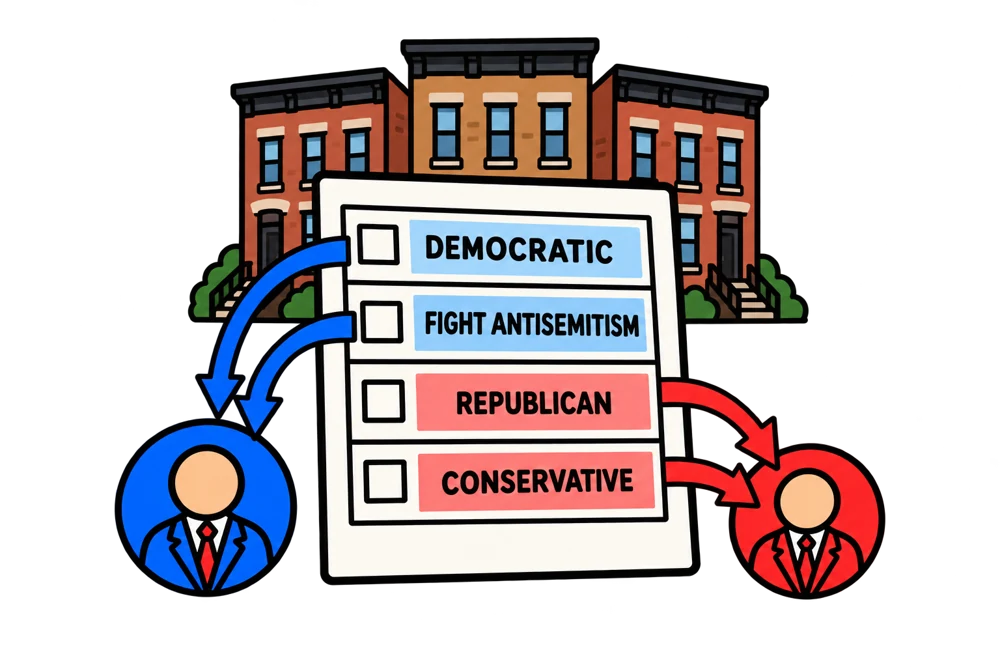 Four ballot lines, Democratic and Fight Antisemitism in blue and Republican and Conservative in red, merge into two candidate symbols in front of Brooklyn rowhouses.
