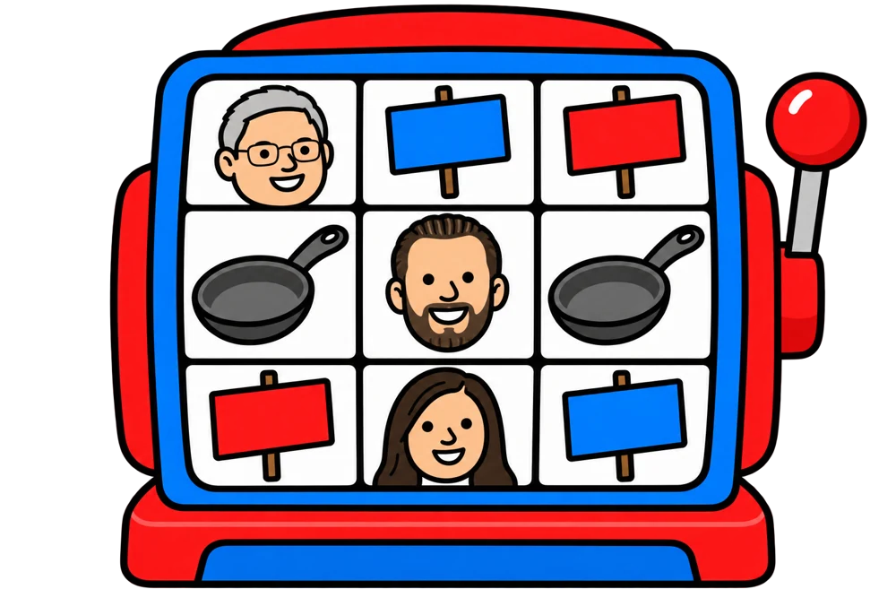 A slot machine with Shawn Fluharty facing forward between two frying pans, with Patrick Morrisey, Laura Chapman and red and blue yard signs in the other cells.