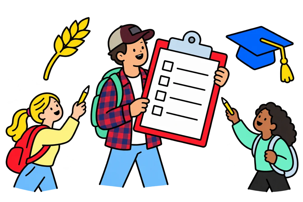A simple cartoon Lex Goff in a flannel shirt holds registration papers alongside classmates.