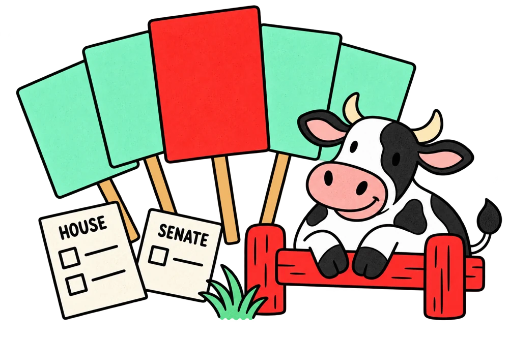 Cartoon cow and campaign placards beside House and Senate ballots.