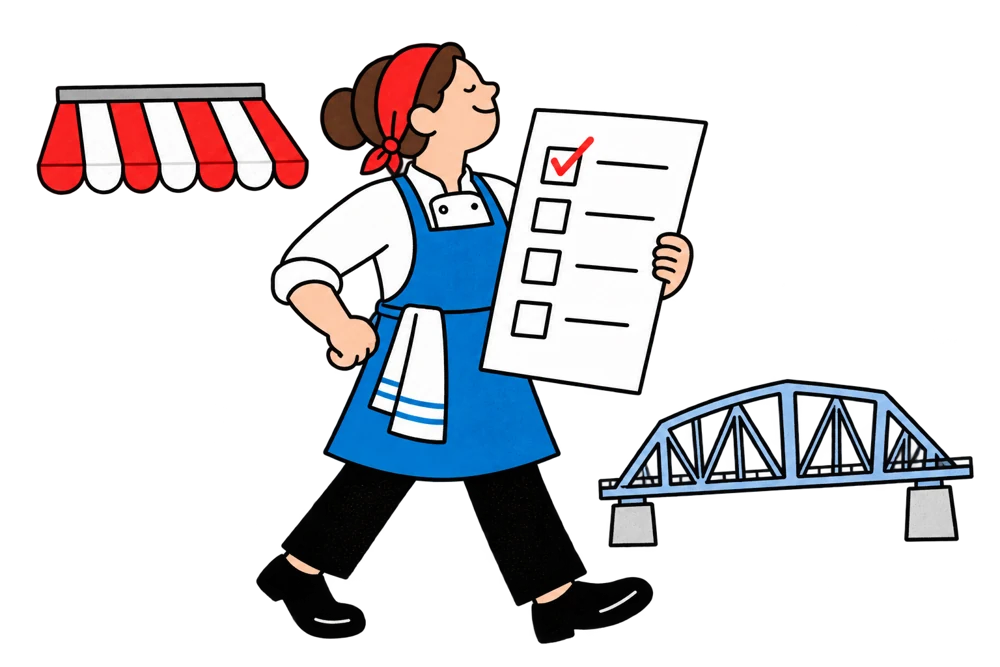 Cartoon restaurateur holding a ballot beside an awning and a Pennsylvania bridge fragment.