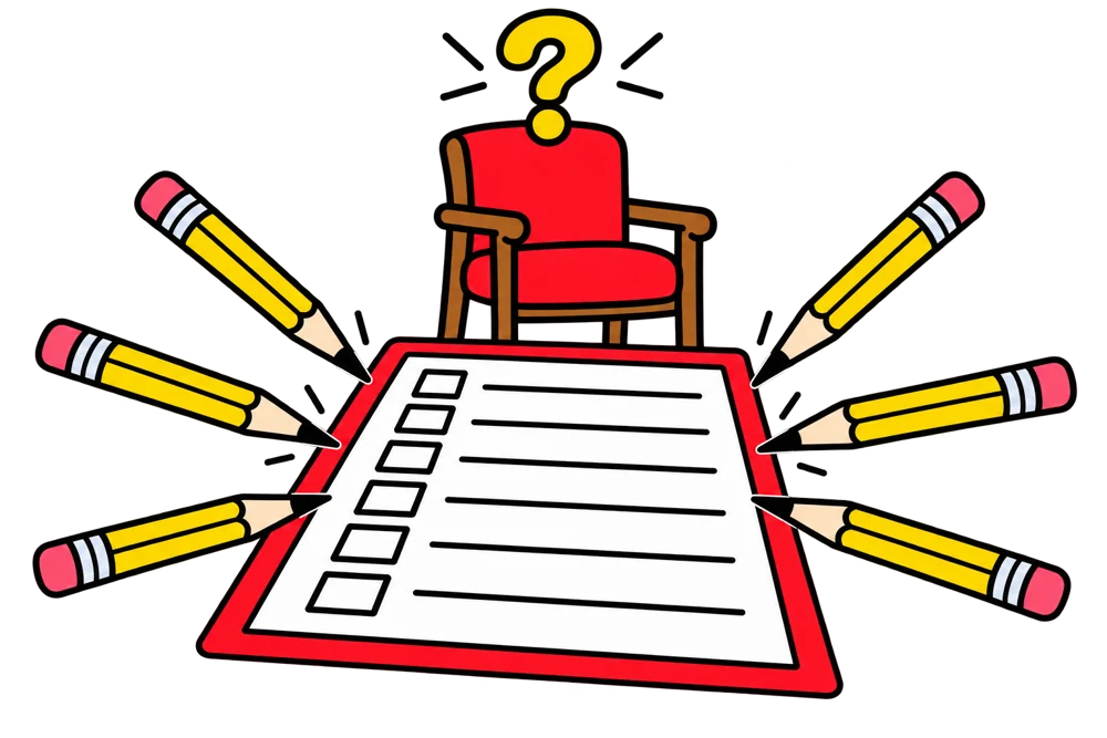Six pencils surround a six-row ballot beside an empty red chair and a question mark.