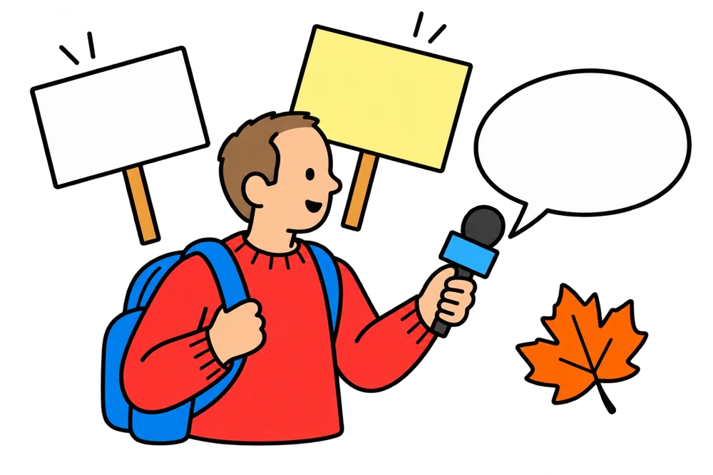 A simple cartoon Will Gifford with a high, thin hairline holds a microphone beside campaign signs.